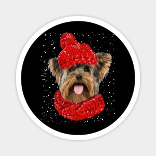 Yorkshire Terrier Wearing Red Hat And Scarf Christmas Magnet